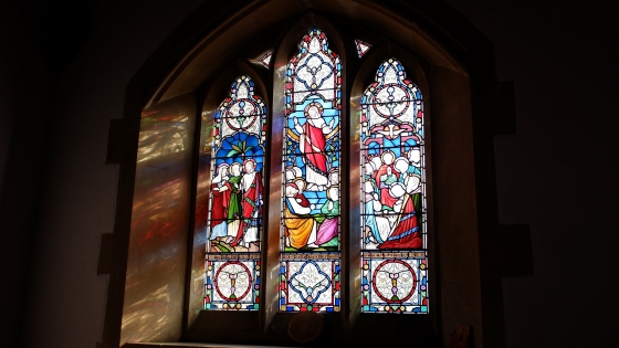 Stained glass windows in a church building