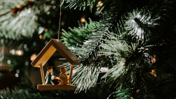 Ornament of nativity scene hanging from a Christmas tree branch