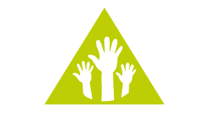 Green triangle with hands raised