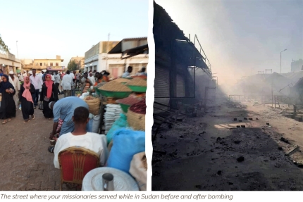 Street in Sudan before and after bombing